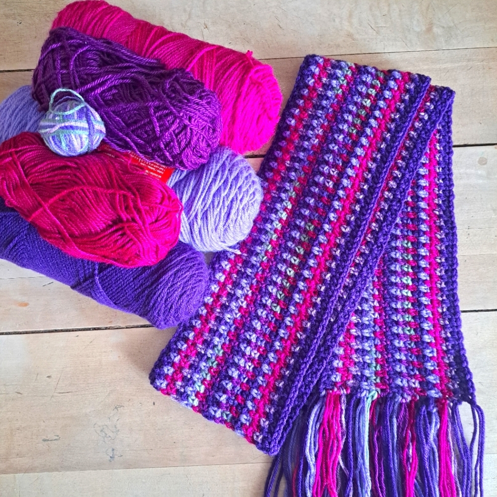Vibrant Purple and Pink Crocheted Scarf